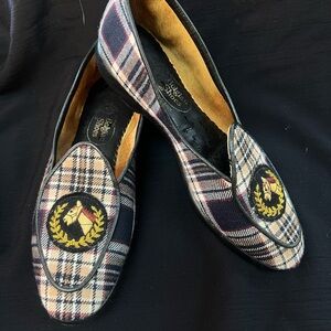 Belgian Women’s Elegant Plaid Loafers with Embroidered Crest
